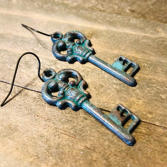 Hand Crafted Jewelry - Handmade verdigris patina cute key dangle earrings